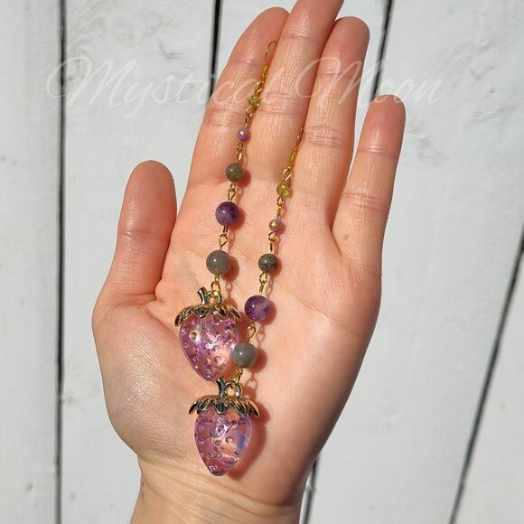 Strawberry Crystal Earrings Pink Acrylic Strawberry Charm with Amethyst - Picture 4 of 5
